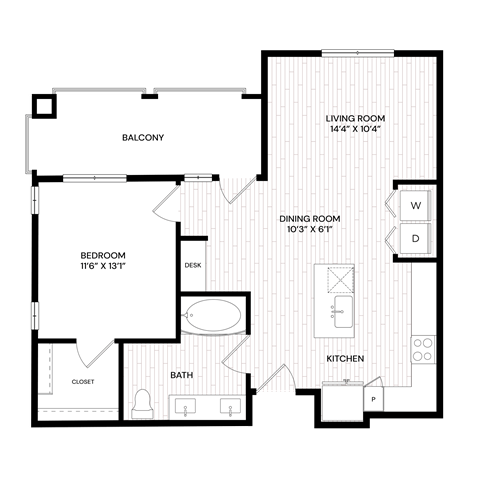Floor plan for 1 bed, 1 bath, 773 sqft